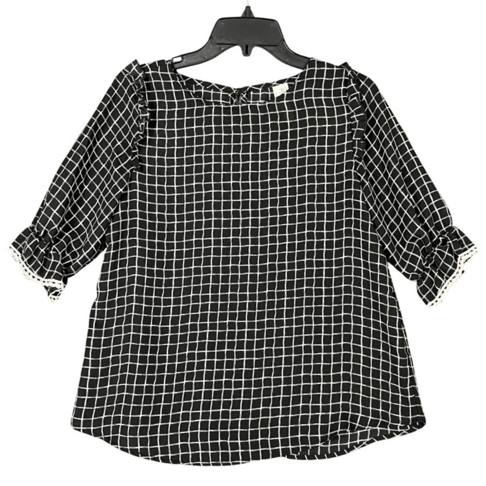 Westmoon Blouse Size M Grid Ruffle Sleeve‎ Minimalist Chic Modern Artsy Boho
